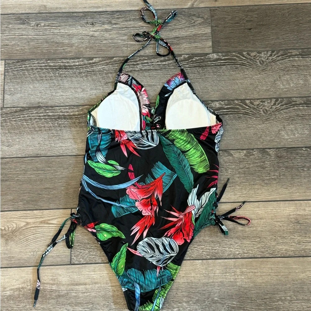 NWT Women Black Floral Deep V Neck Halter Plunging Backless One Piece Swimsuit - Picture 6 of 10